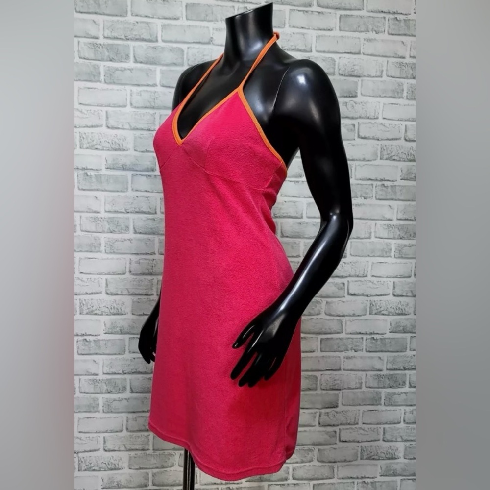 Vintage Express Y2K 90s Pink Orange Terrycloth Halter Mini Dress Small Tie-Back